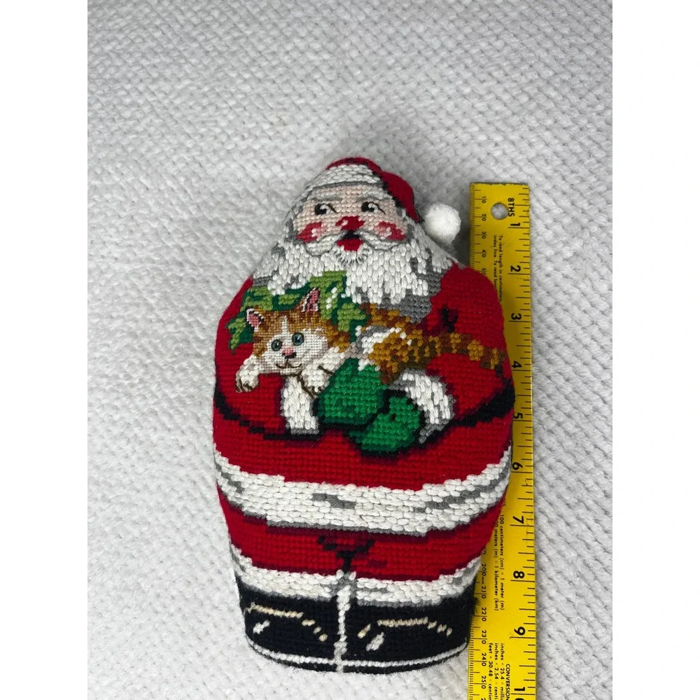 Handmade Needlepoint Santa Claus Holding Cat Christmas‎ Ornament Figurine